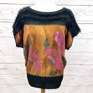 Vintage Genuine Suede Patchwork Hand Painted Dolman Sleeve Artsy Boho Fringe Top